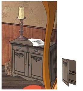 The cabinet in the background and the open door as an image.