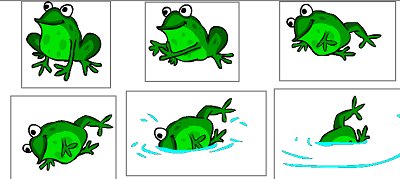 Frog: No part of the frog is the same in different frames and no part is in the same place.